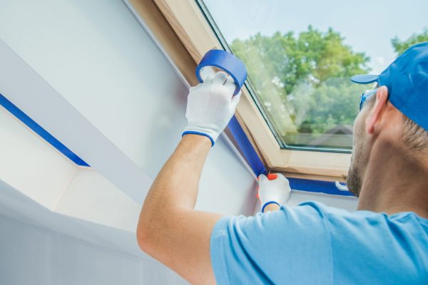 Caucasian Men Preparing Room Window Edges For Painting Job. House Interior Remodeling and Refreshing.